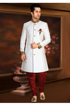 White with Maroon Color Designer New Indo Western Sherwani